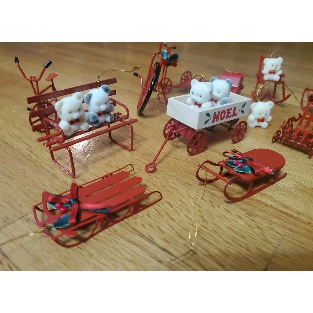 Vintage 80s Flocked Teddy Bear Christmas Ornaments Red Metal Lot Sled Wagon